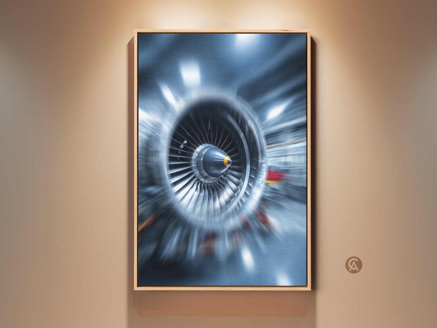 Framed abstract jet engine art. This industrial turbine blades canvas print adds a tech touch to any space. The deep blue and steel gray tones create a modern and powerful statement. Perfect wall decor for the office or an F1 fan's room. Features silver accents.
