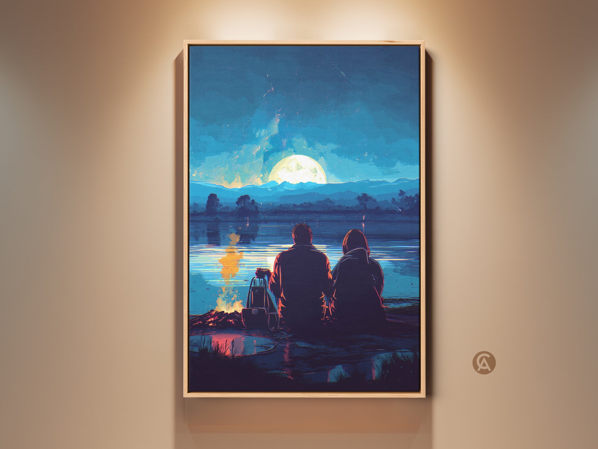 Couple Camping Under the Full Moon Art Print. This stylized digital landscape wall art features a deep blue night sky canvas. It is a romantic anniversary gift.  The artwork is perfect for modern bedroom wall decor.
