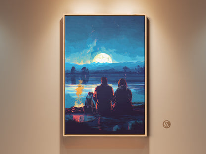 Couple Camping Under the Full Moon Art Print. This stylized digital landscape wall art features a deep blue night sky canvas. It is a romantic anniversary gift.  The artwork is perfect for modern bedroom wall decor.