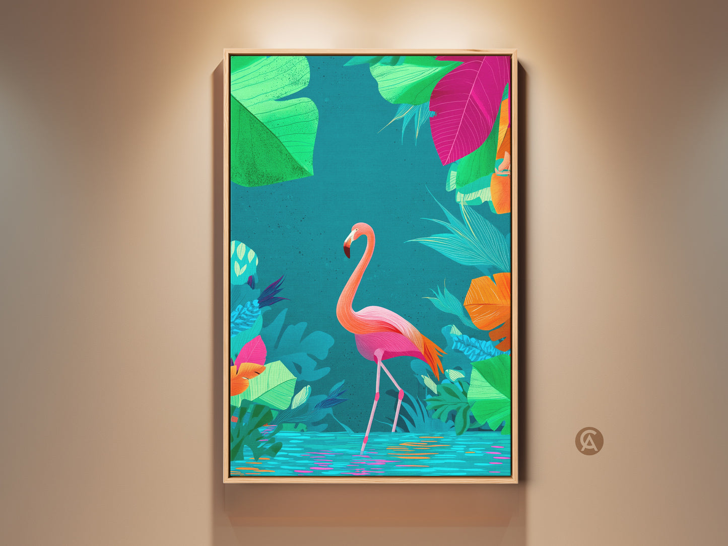 Framed boho tropical art print featuring a pink flamingo. The jungle bird is surrounded by orange and teal leaves. This nature canvas adds an exotic touch. A perfect housewarming gift.