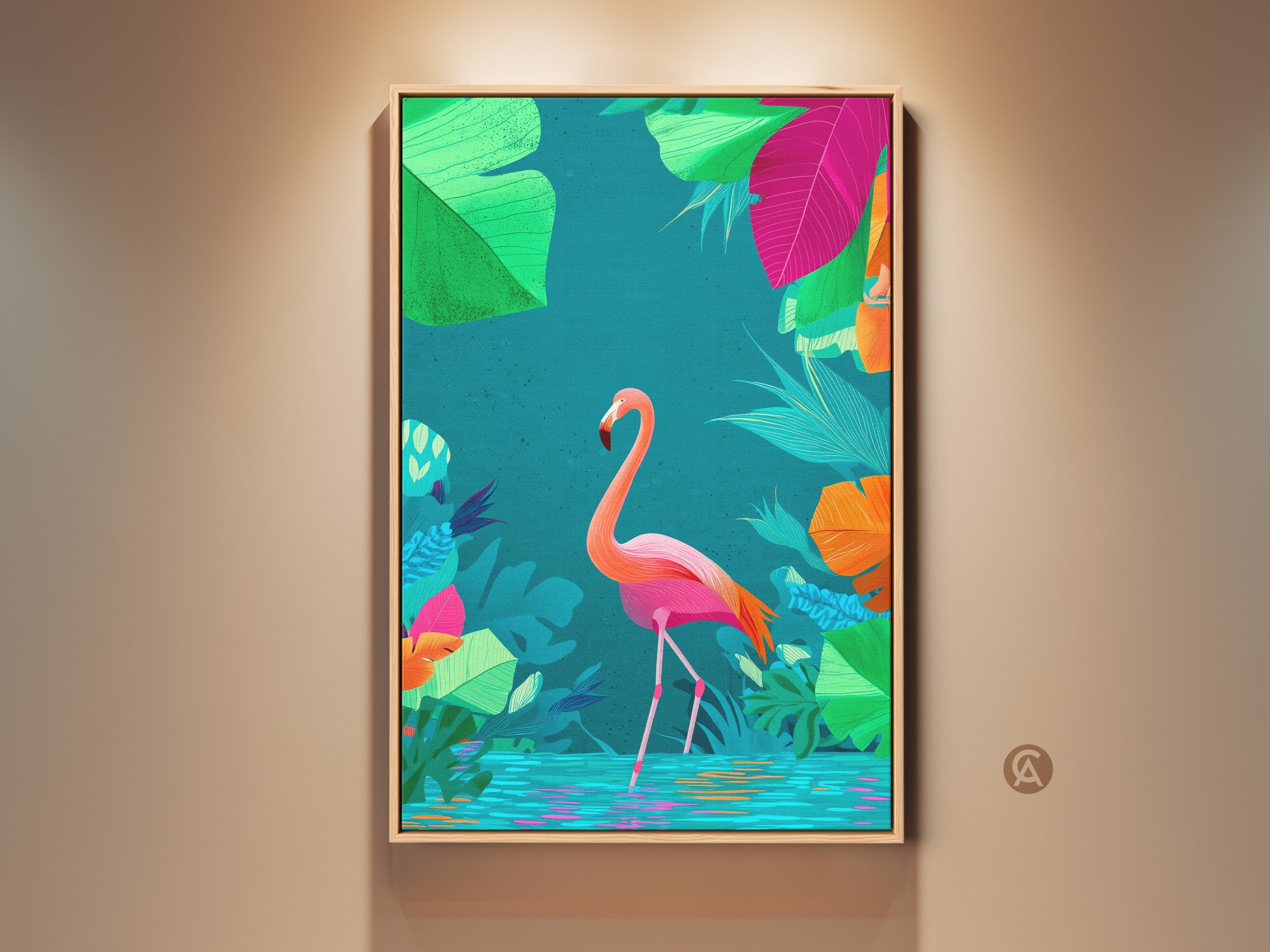 Framed boho tropical art print featuring a pink flamingo. The jungle bird is surrounded by orange and teal leaves. This nature canvas adds an exotic touch. A perfect housewarming gift.