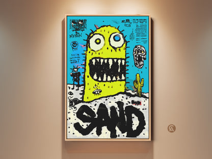 Framed canvas art featuring a whimsical monster in the desert. The artwork is colorful and vibrant. The monster is yellow and spiky. The background is bright blue with fun details. The art is playful and eye-catching. Perfect for adding a pop of color to any room. Shop now for unique wall art.