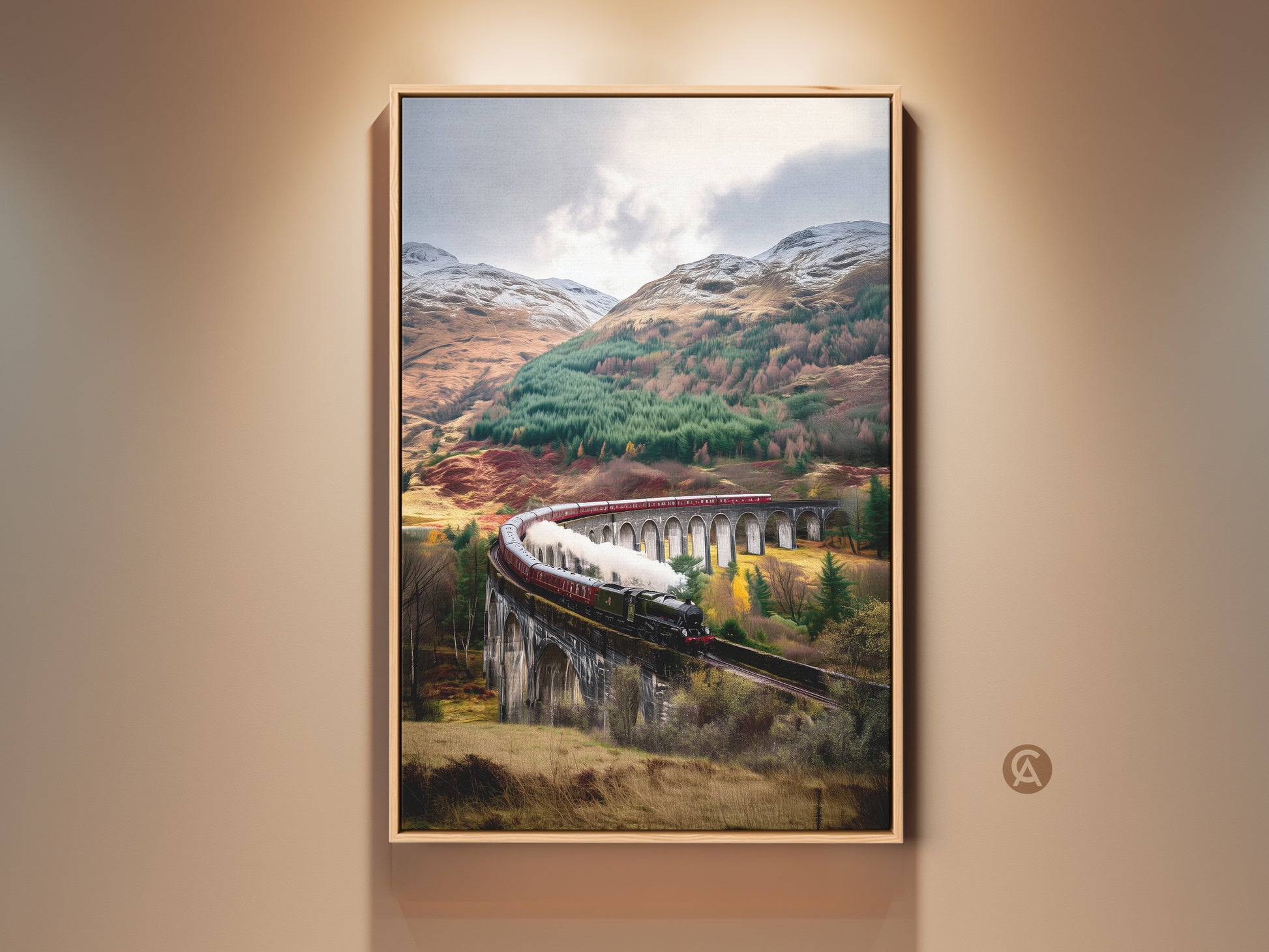 Vintage steam train artwork showcases a classic train crossing a viaduct. The scenic autumn landscape canvas art features earthy browns forest greens and snow capped mountains. Perfect traditional railway wall decor for train enthusiasts or travel lovers adding nostalgic charm to any space.