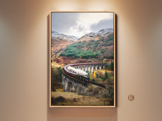 Vintage steam train artwork showcases a classic train crossing a viaduct. The scenic autumn landscape canvas art features earthy browns forest greens and snow capped mountains. Perfect traditional railway wall decor for train enthusiasts or travel lovers adding nostalgic charm to any space.