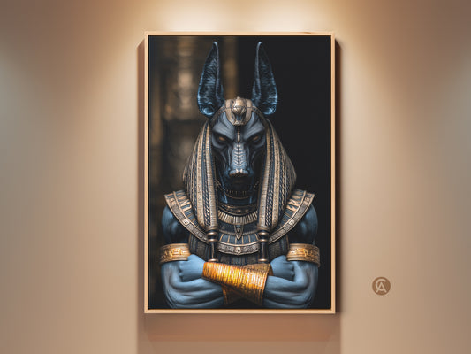 Framed Anubis Jackal God artwork print. A captivating piece of Egyptian mythology wall decor. Dark fantasy canvas art with a rich deep blue and gold palette. Perfect for study room or home office. A unique gift for mythology lovers and those who appreciate ancient Egyptian deities.