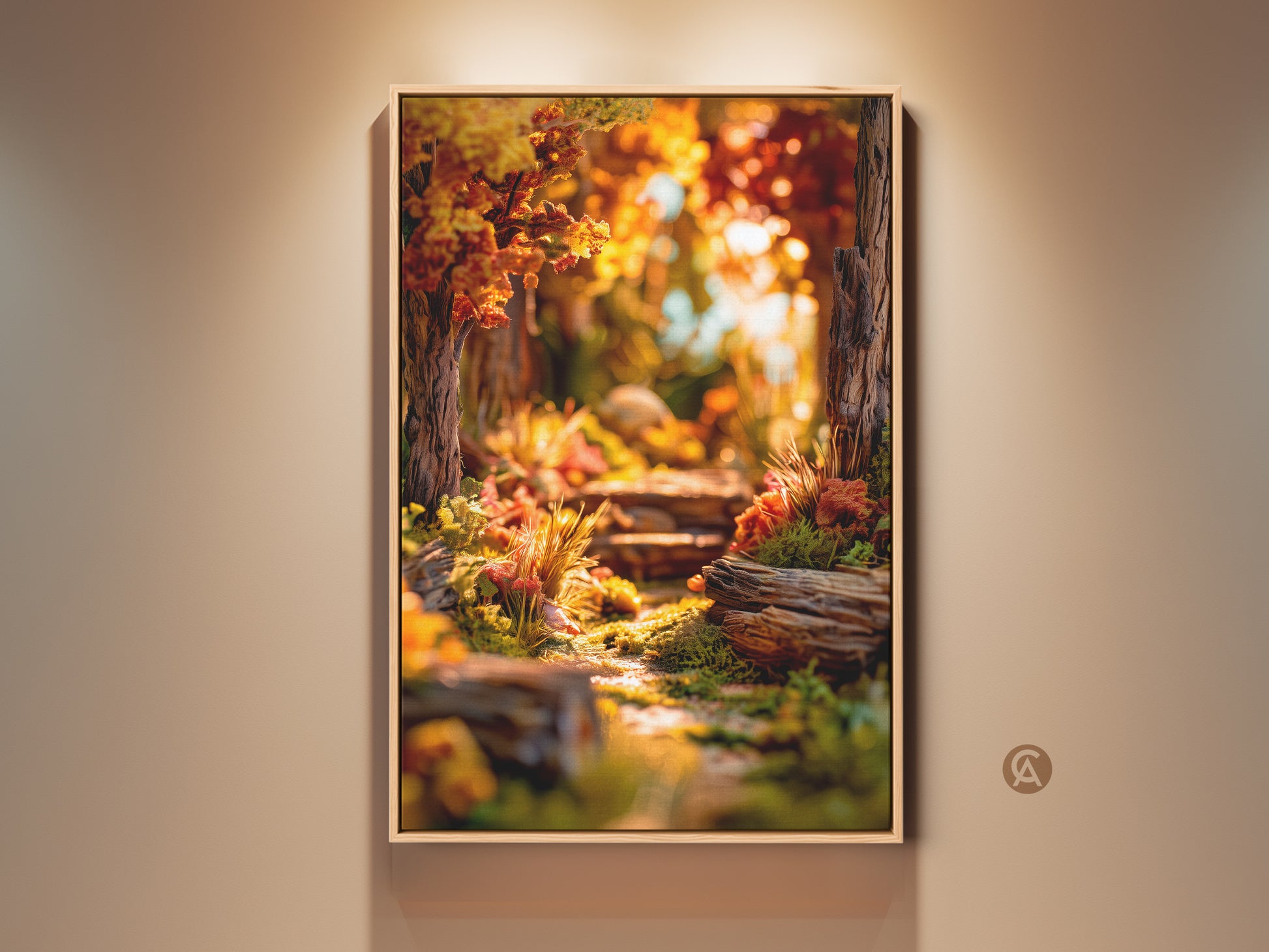 Framed forest path art print. Sunlight filters through trees. This artwork adds warmth to any room. Perfect for nature lovers seeking tranquil wall decor. The print brings an inviting outdoor feel inside.
