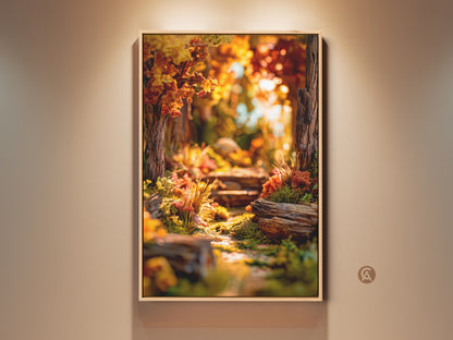 Framed forest path art print. Sunlight filters through trees. This artwork adds warmth to any room. Perfect for nature lovers seeking tranquil wall decor. The print brings an inviting outdoor feel inside.