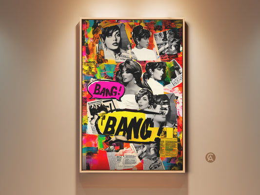 Retro pop art collage canvas print featuring vintage women and comic book style elements. Eclectic artwork in magenta cyan and yellow adds a vibrant touch. Perfect as a statement piece for colorful retro home decor or unique office wall art.