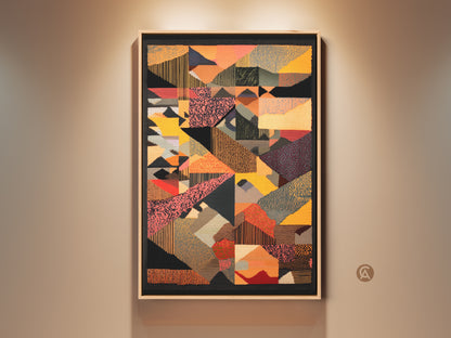 Framed Mid-Century Modern art print on wall. This abstract geometric wall art features eclectic shapes. The art is showcased in yellow red and orange tones. Elevate your home decor with this unique canvas art. Perfect housewarming gift for art lovers.