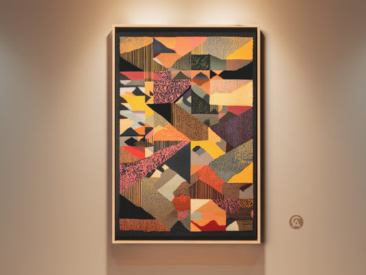 Framed Mid-Century Modern art print on wall. This abstract geometric wall art features eclectic shapes. The art is showcased in yellow red and orange tones. Elevate your home decor with this unique canvas art. Perfect housewarming gift for art lovers.