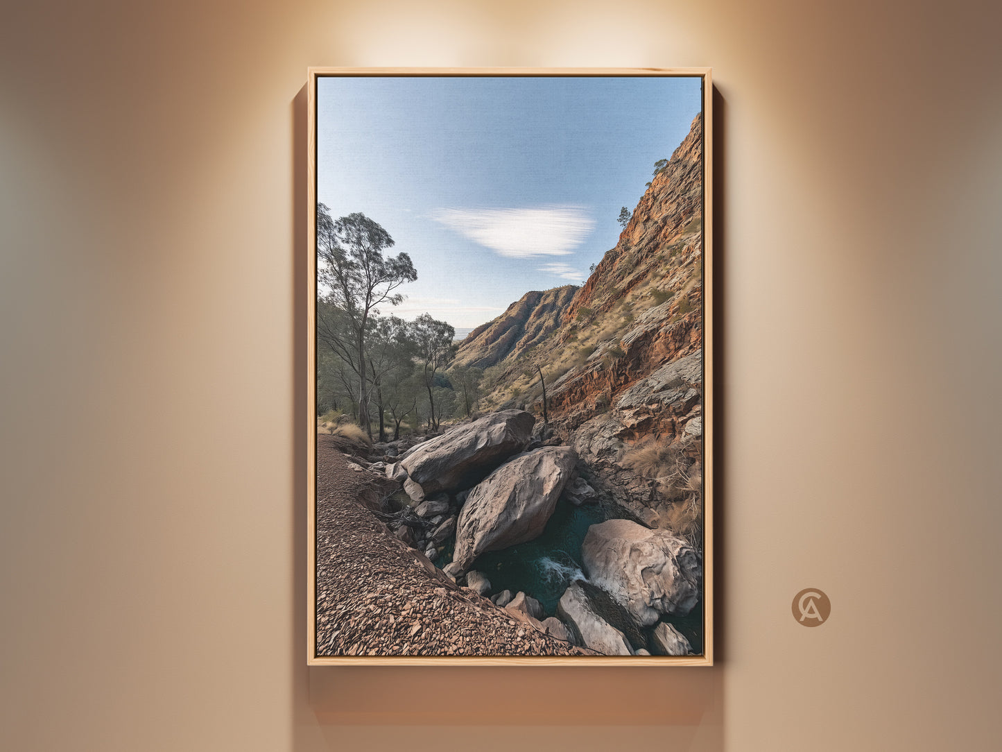 Rustic wall art featuring a rocky mountain landscape with gnarled trees. Sky blue hues enhance this nature photography print. Perfect as a gift for hikers or as home decor. The terracotta tones bring warmth to any space. This artwork captures the essence of outdoor adventure.