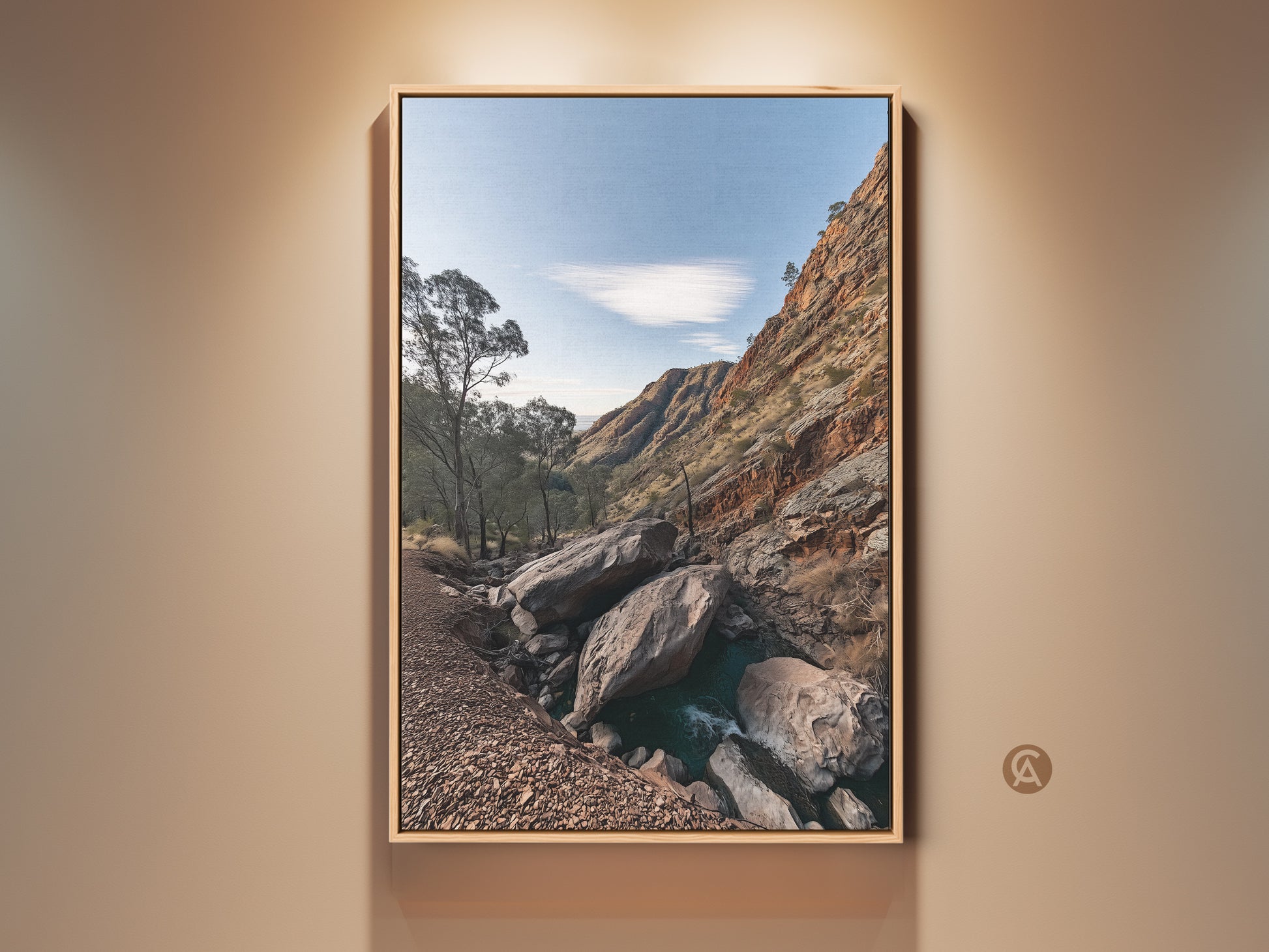 Rustic wall art featuring a rocky mountain landscape with gnarled trees. Sky blue hues enhance this nature photography print. Perfect as a gift for hikers or as home decor. The terracotta tones bring warmth to any space. This artwork captures the essence of outdoor adventure.