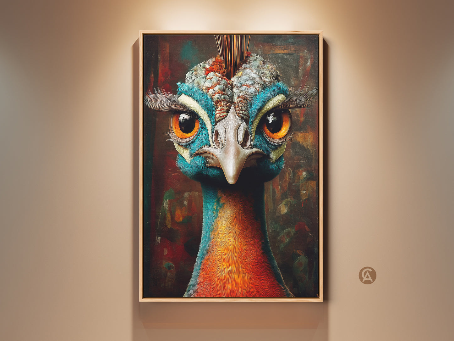 Close-up of teal orange peacock art print. Eclectic bird wall decor for animal lovers. Ornate fantasy painting. The peacock canvas print is a unique birthday gift for her.