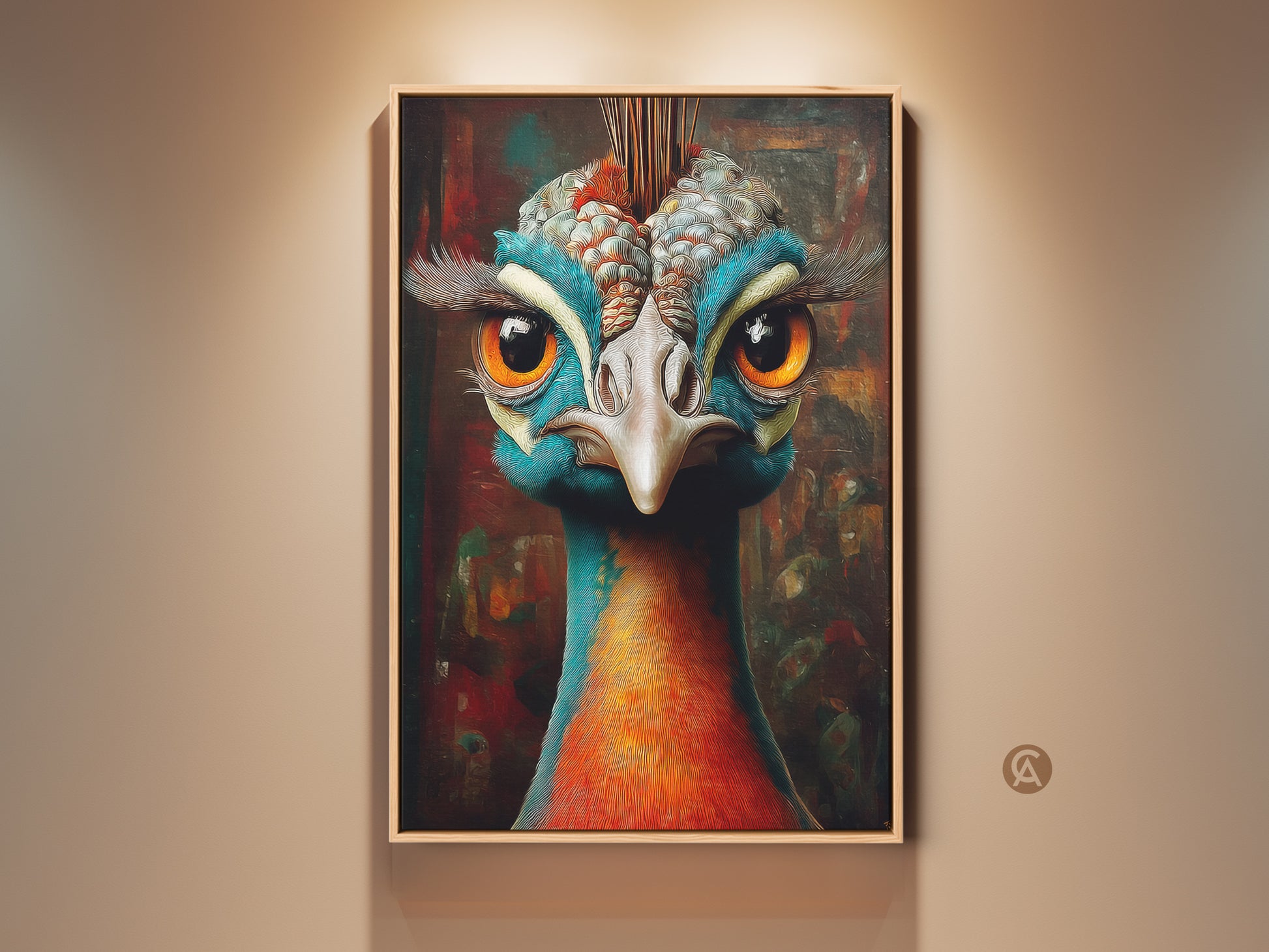 Close-up of teal orange peacock art print. Eclectic bird wall decor for animal lovers. Ornate fantasy painting. The peacock canvas print is a unique birthday gift for her.