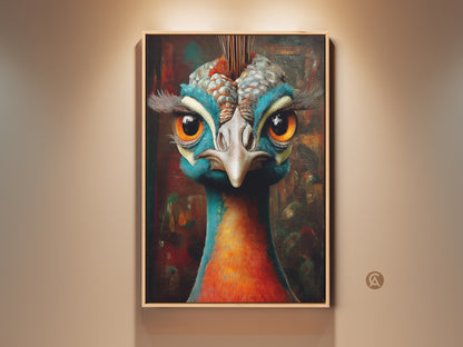 Close-up of teal orange peacock art print. Eclectic bird wall decor for animal lovers. Ornate fantasy painting. The peacock canvas print is a unique birthday gift for her.