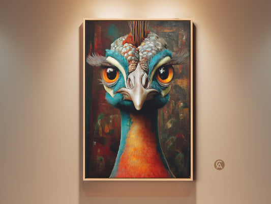 Close-up of teal orange peacock art print. Eclectic bird wall decor for animal lovers. Ornate fantasy painting. The peacock canvas print is a unique birthday gift for her.