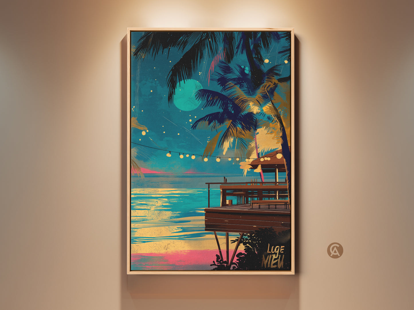 Tropical beach bar canvas artwork at night. Palm trees frame a serene ocean view under a full moon. Twinkling string lights add a retro touch. Teal and blue dominate with yellow and pink accents. This boho coastal wall decor brings a vacation vibe to any room. It is an ideal housewarming gift for beach lovers.