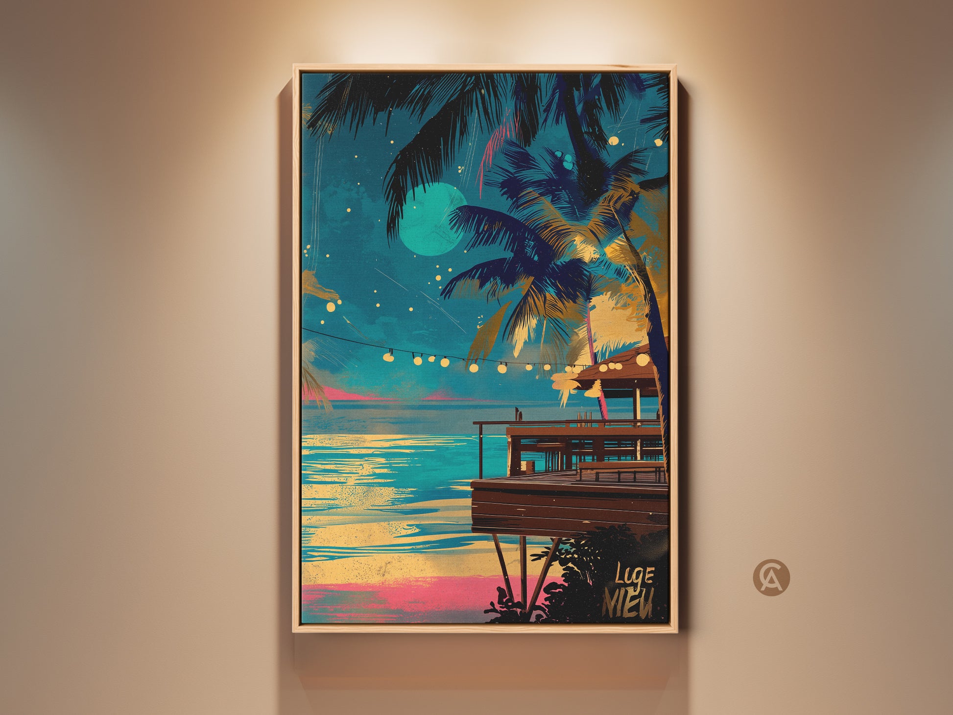 Tropical beach bar canvas artwork at night. Palm trees frame a serene ocean view under a full moon. Twinkling string lights add a retro touch. Teal and blue dominate with yellow and pink accents. This boho coastal wall decor brings a vacation vibe to any room. It is an ideal housewarming gift for beach lovers.