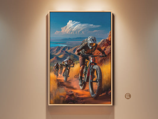 A framed canvas art print of mountain bikers in a desert landscape. The artwork features a vibrant orange and blue color scheme. It is ideal for cyclist gift wall art or man cave decor.