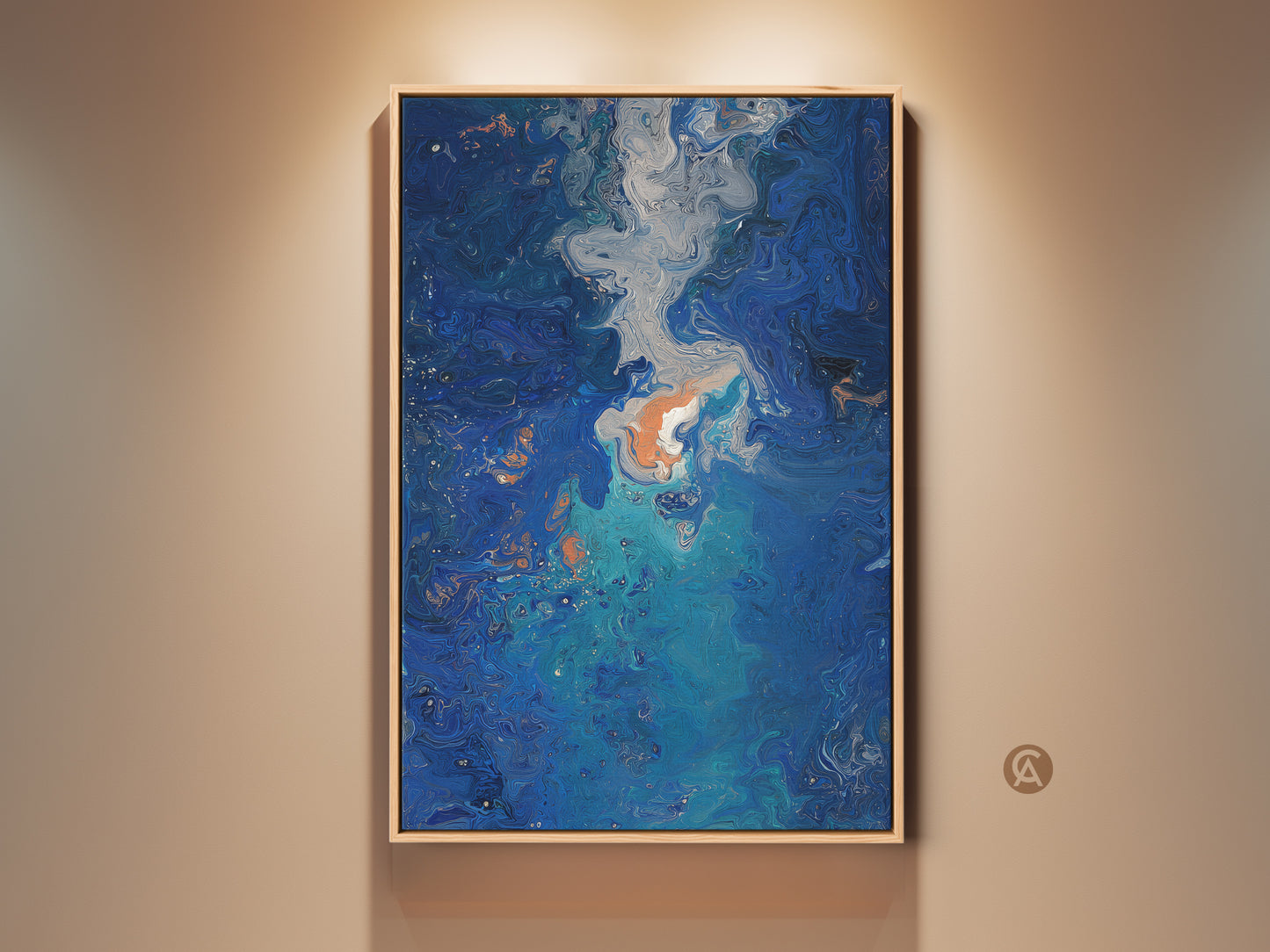 Framed navy blue teal abstract canvas art adds a modern touch to any room. The fluid swirls and copper accents create a contemporary art print. Perfect for bedroom or living room wall decor. This piece is a luxury abstract art accent.