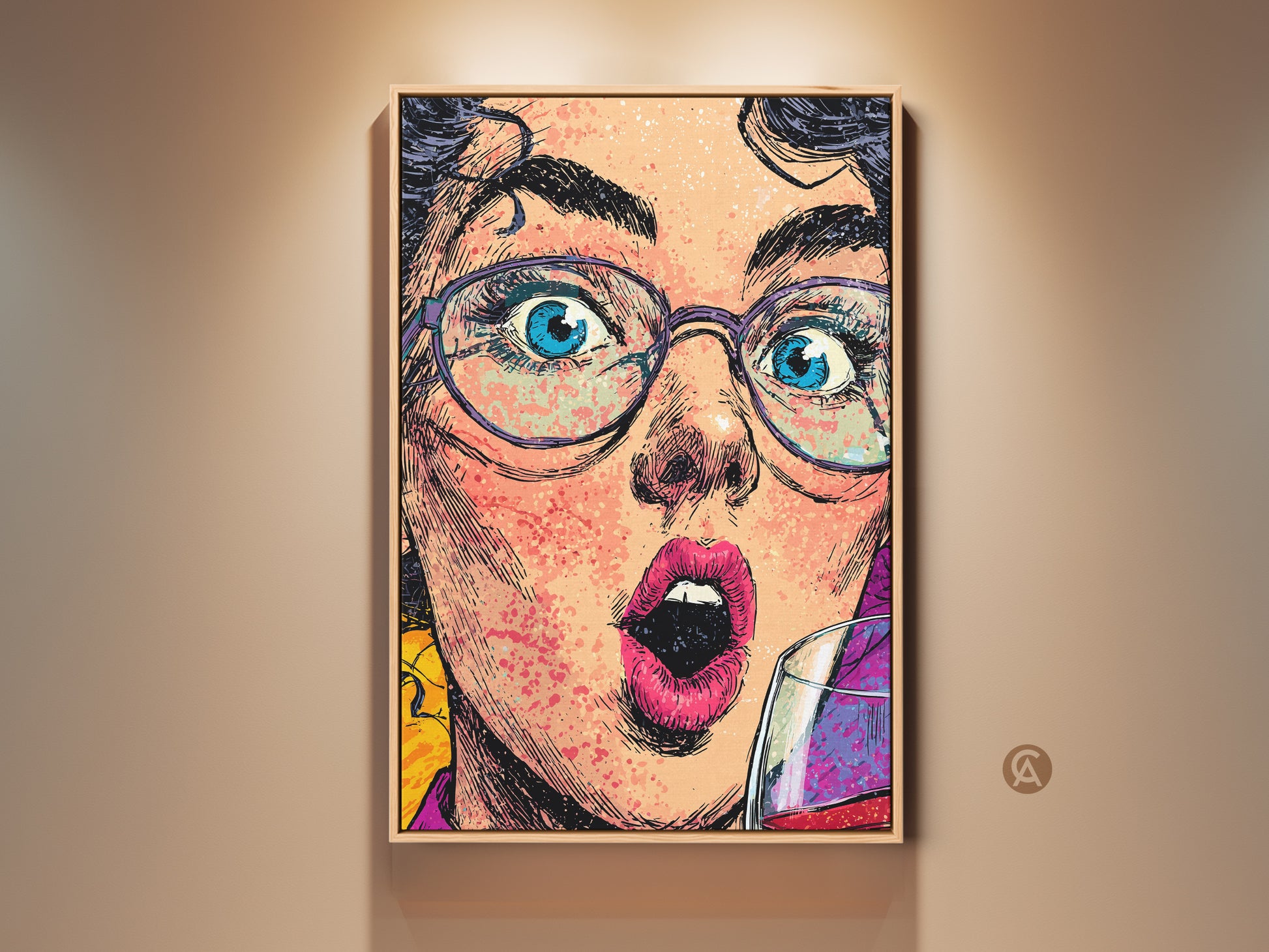 Framed eclectic pop artwork print featuring a woman with glasses. She holds a wine glass in a modern gallery setting. This unique wall art adds a vibrant touch to any home or bar decor. The artwork is a perfect housewarming or birthday gift for her.