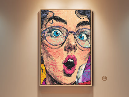 Framed eclectic pop artwork print featuring a woman with glasses. She holds a wine glass in a modern gallery setting. This unique wall art adds a vibrant touch to any home or bar decor. The artwork is a perfect housewarming or birthday gift for her.