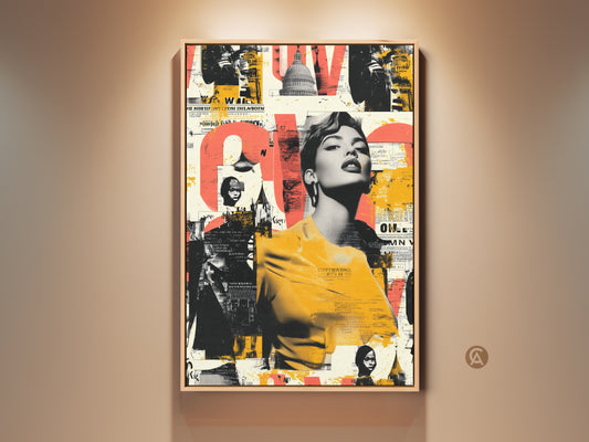 Framed eclectic wall artwork featuring a retro woman portrait with urban collage elements. The coral black and yellow color palette adds a modern touch. Perfect for eclectic entryway decor or a unique art print gift. This high-contrast artwork enhances any living room or home office with its bold statement.