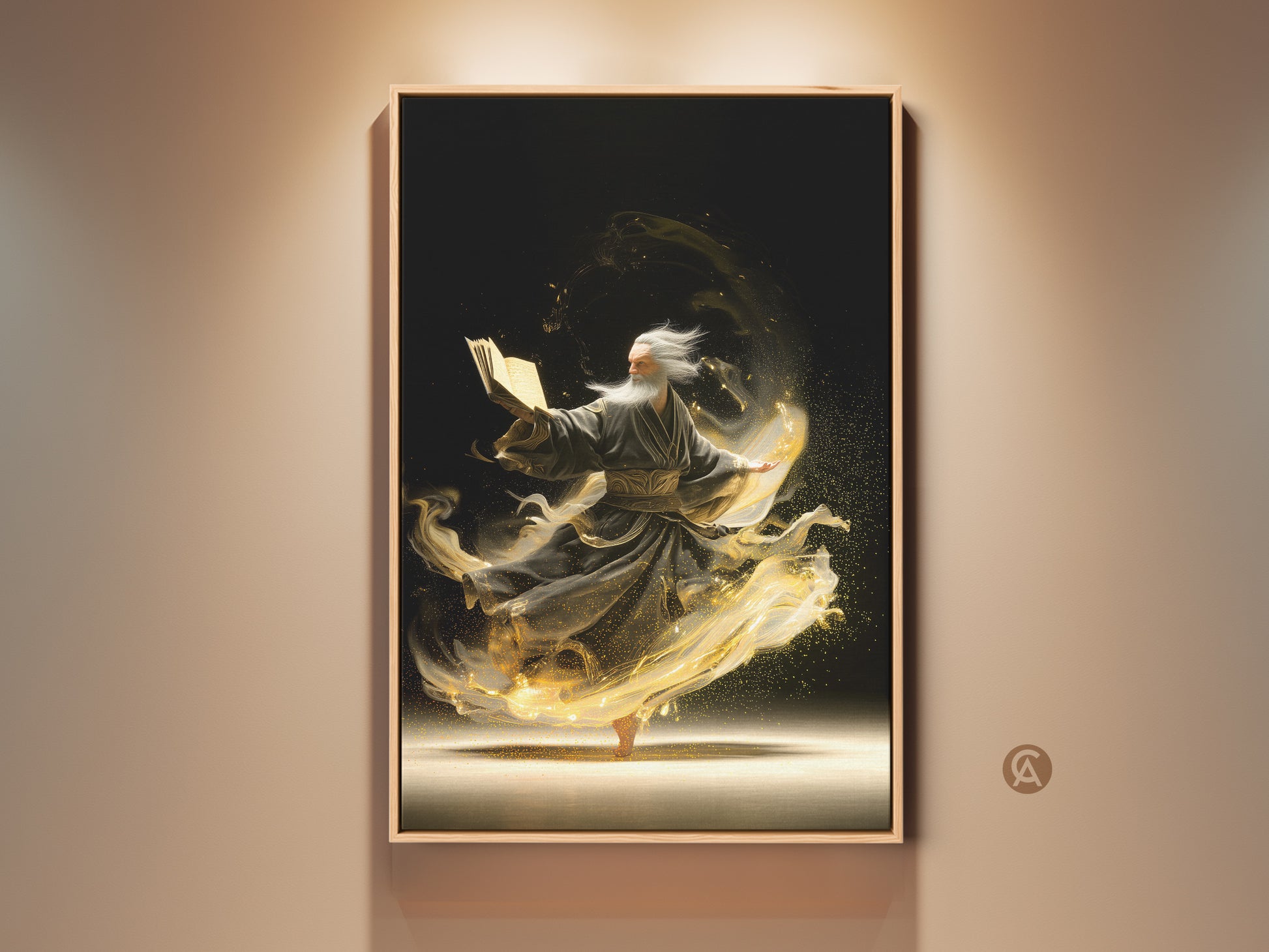 An elderly man is reading a magic book. Swirling gold energy surrounds him in this spiritual digital art print. The black and gold palette adds an eclectic touch. It is perfect wall art for a study or a unique spiritual gift. This artwork brings magic to your space.