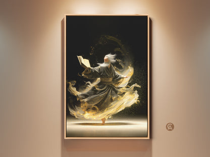 An elderly man is reading a magic book. Swirling gold energy surrounds him in this spiritual digital art print. The black and gold palette adds an eclectic touch. It is perfect wall art for a study or a unique spiritual gift. This artwork brings magic to your space.