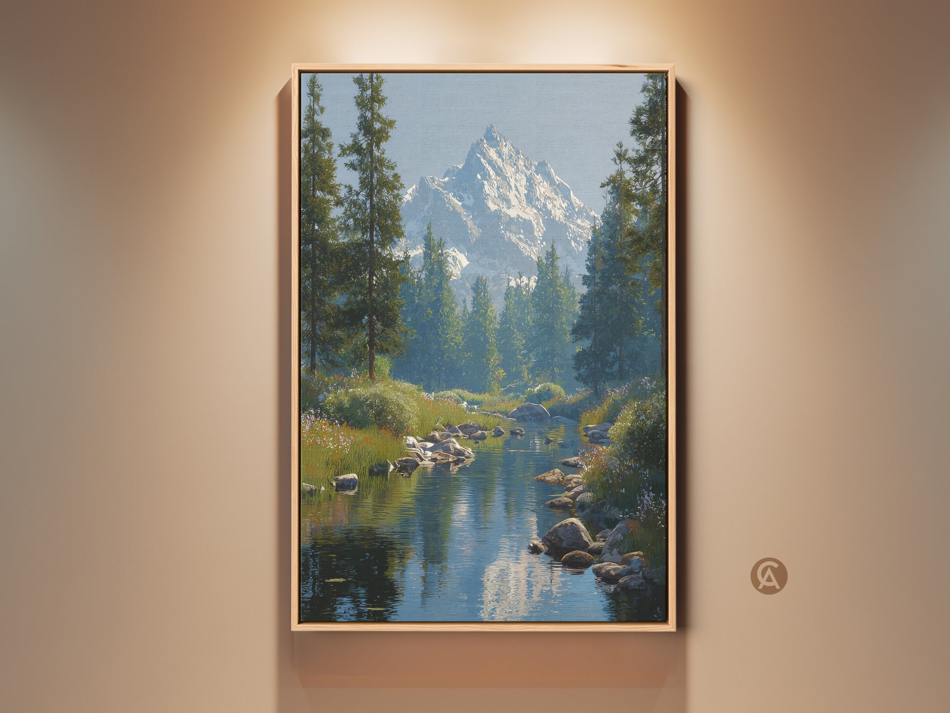 Framed landscape canvas print featuring a mountain river. A snowy peak rises behind a pine tree forest. This realism artwork adds rustic nature to any bedroom decor. The tranquil scene brings outdoor adventure to your home. Find mountain river art for a calming atmosphere.