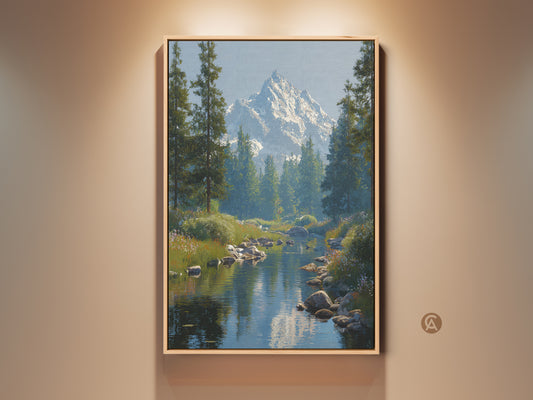 Framed landscape canvas print featuring a mountain river. A snowy peak rises behind a pine tree forest. This realism artwork adds rustic nature to any bedroom decor. The tranquil scene brings outdoor adventure to your home. Find mountain river art for a calming atmosphere.