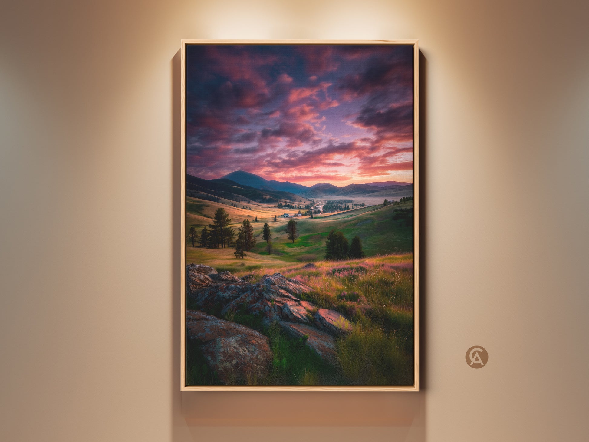 Framed mountain valley canvas art is showcased. The sunset sky landscape print has rustic charm. This nature lover gift shows scenic beauty. The impressionist painting provides bedroom mountain artwork.