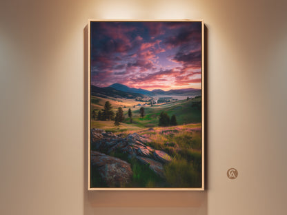 Framed mountain valley canvas art is showcased. The sunset sky landscape print has rustic charm. This nature lover gift shows scenic beauty. The impressionist painting provides bedroom mountain artwork.