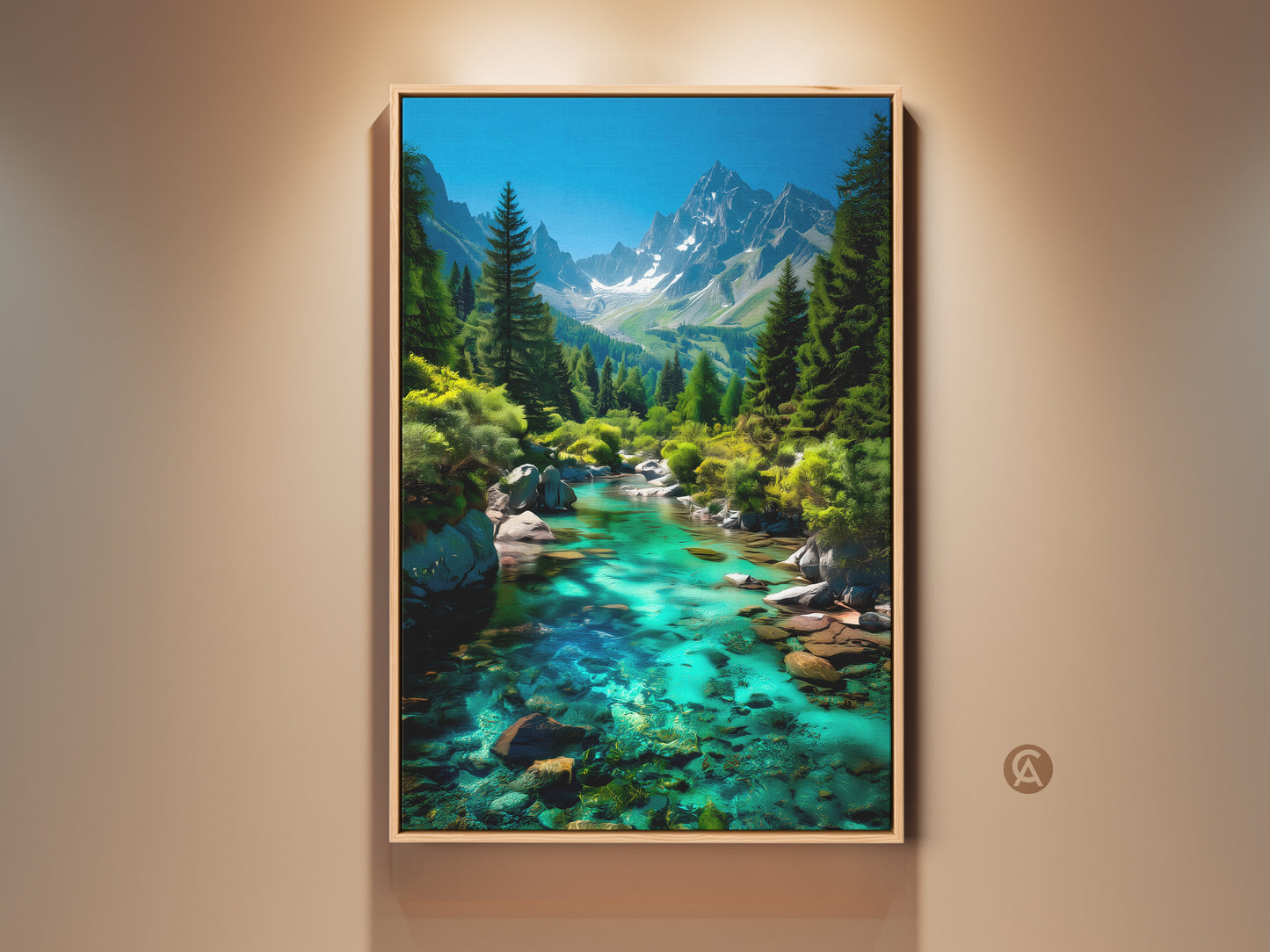 Rustic landscape canvas print featuring a mountain river with pine trees and turquoise blue-green water. This nature wall art brings a serene outdoor view to any room. Perfect as a housewarming gift it adds a touch of nature-inspired elegance to your home decor.
