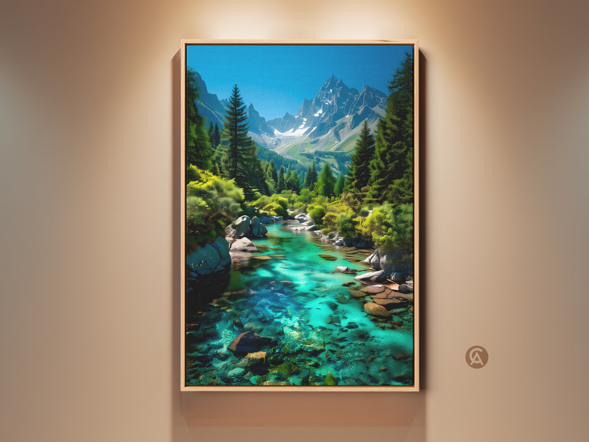 Rustic landscape canvas print featuring a mountain river with pine trees and turquoise blue-green water. This nature wall art brings a serene outdoor view to any room. Perfect as a housewarming gift it adds a touch of nature-inspired elegance to your home decor.