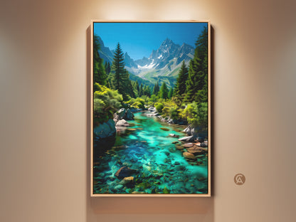 Rustic landscape canvas print featuring a mountain river with pine trees and turquoise blue-green water. This nature wall art brings a serene outdoor view to any room. Perfect as a housewarming gift it adds a touch of nature-inspired elegance to your home decor.
