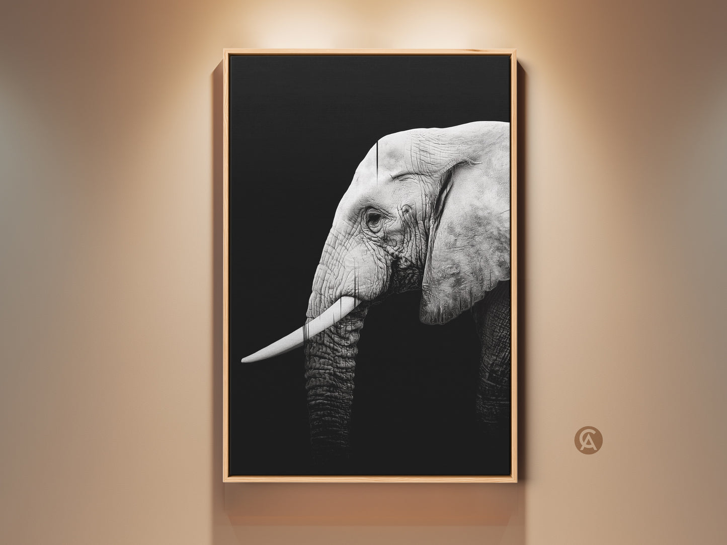 Framed monochrome elephant wall art. This black and white wildlife canvas print showcases contemporary animal artwork. A regal elephant portrait is perfect for minimalist decor or as a gift for animal lovers.