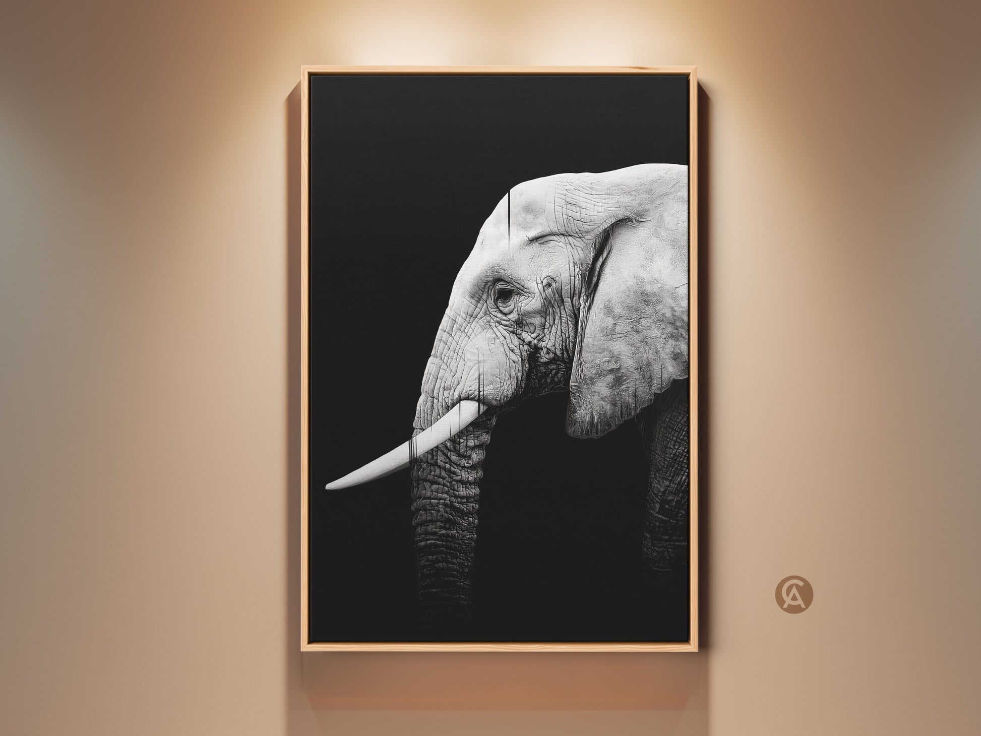 Framed monochrome elephant wall art. This black and white wildlife canvas print showcases contemporary animal artwork. A regal elephant portrait is perfect for minimalist decor or as a gift for animal lovers.