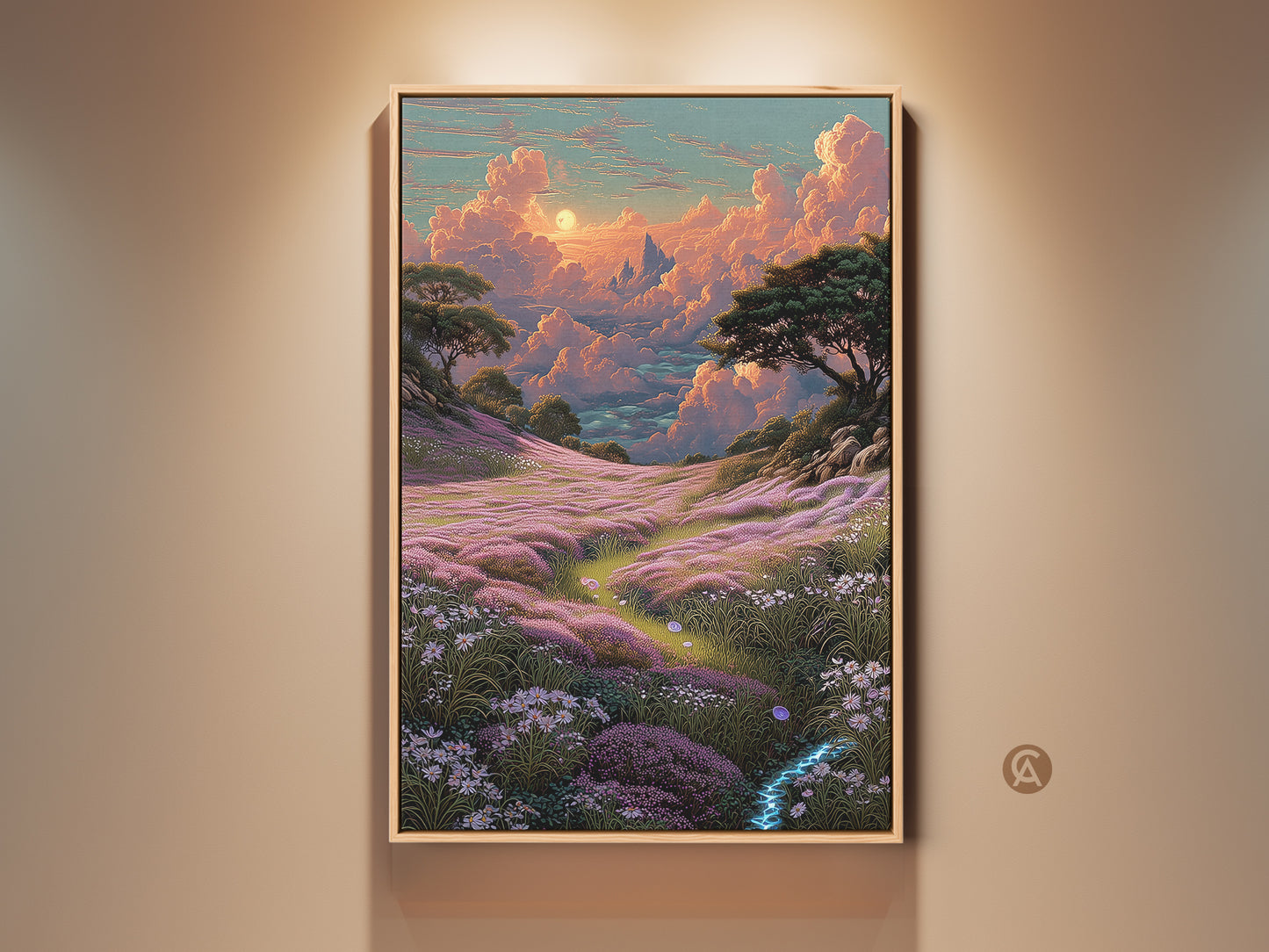 Bohemian cloudscape wall art features a pink orange and teal flower field. This fantasy nature home decor gift shows a dreamy landscape with whimsical clouds. A field of vibrant flowers is rendered in a captivating palette. The fantasy art style evokes a sense of wonder. This artwork adds a touch of magic to any room.