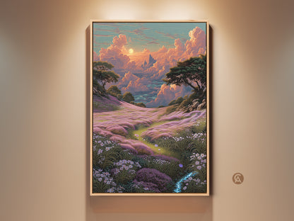 Bohemian cloudscape wall art features a pink orange and teal flower field. This fantasy nature home decor gift shows a dreamy landscape with whimsical clouds. A field of vibrant flowers is rendered in a captivating palette. The fantasy art style evokes a sense of wonder. This artwork adds a touch of magic to any room.