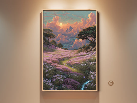 Bohemian cloudscape wall art features a pink orange and teal flower field. This fantasy nature home decor gift shows a dreamy landscape with whimsical clouds. A field of vibrant flowers is rendered in a captivating palette. The fantasy art style evokes a sense of wonder. This artwork adds a touch of magic to any room.