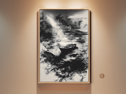 Modern abstract seascape canvas art featuring a solitary boat in monochrome. This black and white ocean artwork adds minimalist coastal decor to any bedroom or office space. The framed abstract art print enhances your home with neutral wall art. It's a perfect gift for art lovers seeking contemporary abstract art.