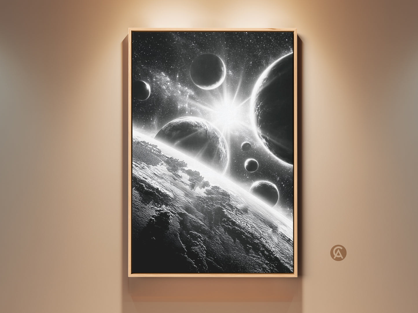Framed space artwork. This black and white wall art features planets and stars. The canvas print adds a touch of cosmic beauty to any room. Perfect for space enthusiasts. Enhance your home decor with this captivating piece.