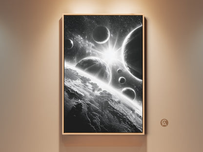 Framed space artwork. This black and white wall art features planets and stars. The canvas print adds a touch of cosmic beauty to any room. Perfect for space enthusiasts. Enhance your home decor with this captivating piece.