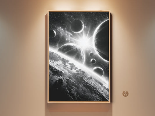 Framed space artwork. This black and white wall art features planets and stars. The canvas print adds a touch of cosmic beauty to any room. Perfect for space enthusiasts. Enhance your home decor with this captivating piece.