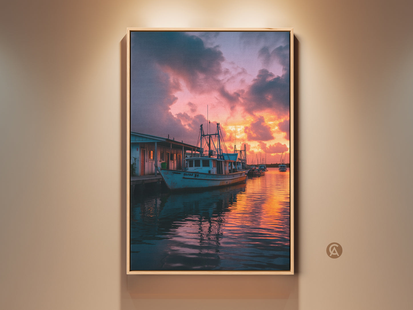 Nautical fishing boat canvas print featuring a coastal sunset. Warm orange and pink hues reflect on the marina water. This artwork brings seaside charm to any room. Perfect as beach house wall art or a thoughtful housewarming gift for beach lovers.