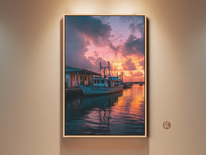 Nautical fishing boat canvas print featuring a coastal sunset. Warm orange and pink hues reflect on the marina water. This artwork brings seaside charm to any room. Perfect as beach house wall art or a thoughtful housewarming gift for beach lovers.