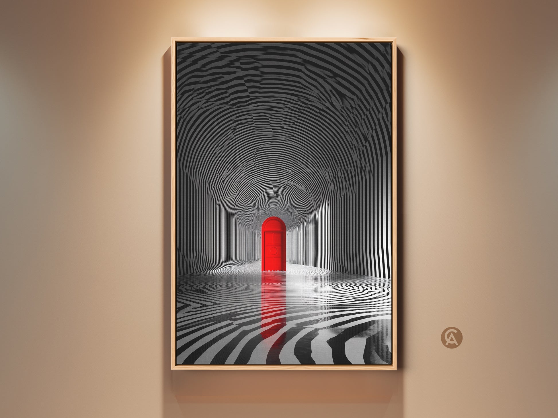 Gallery artwork featuring a black and white striped tunnel. A red door stands at the end creating a focal point. The artwork is framed and hung on a neutral wall. This piece adds a modern and surreal touch to any space. Perfect for art lovers seeking unique wall decor.