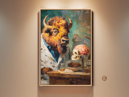 A captivating artwork shows a bison head scientist wearing a lab coat. The animal is placed next to a human skull with a brain. It is an oil painting style on canvas. The artwork is hanging on display.
