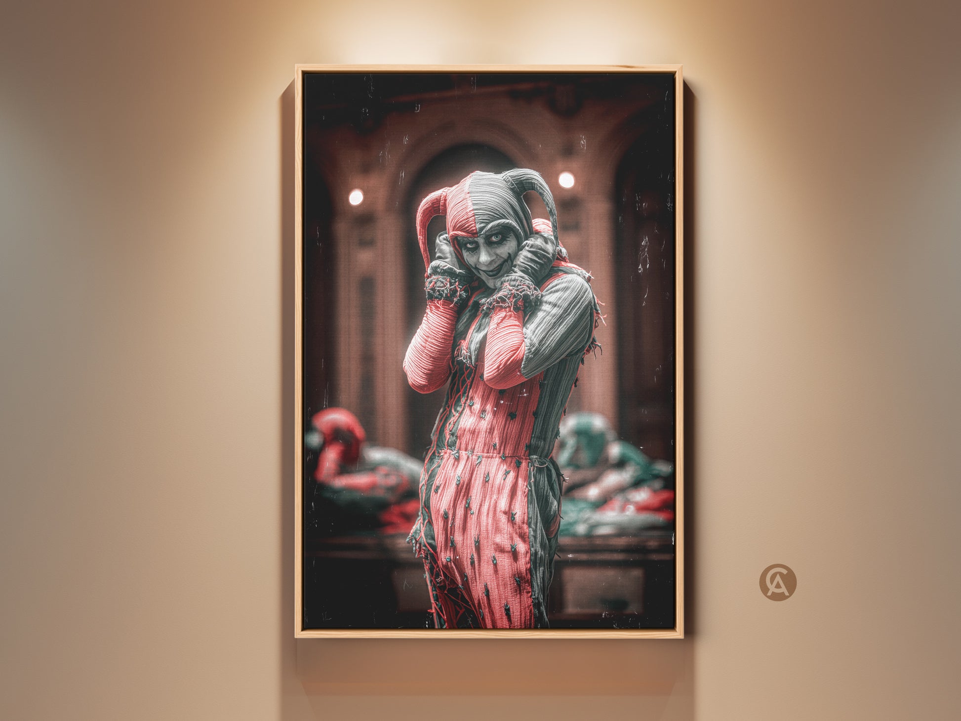 Crimson & Black Harlequin Jester Art displayed in a wood frame. A captivating piece of gothic wall decor. Perfect for dark academia lovers. This harlequin artwork adds an eclectic touch to any home or office. A unique fantasy character painting for alternative spaces.